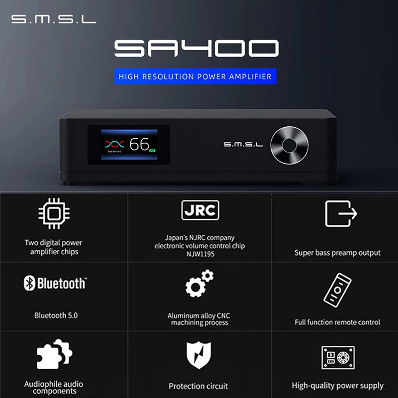 SMSL SA400 High Resolution Power Amplifier 230W NJW1195 BASS Preamp Output Bluetooth5.0 2x Digital Power Amp with Remote Control