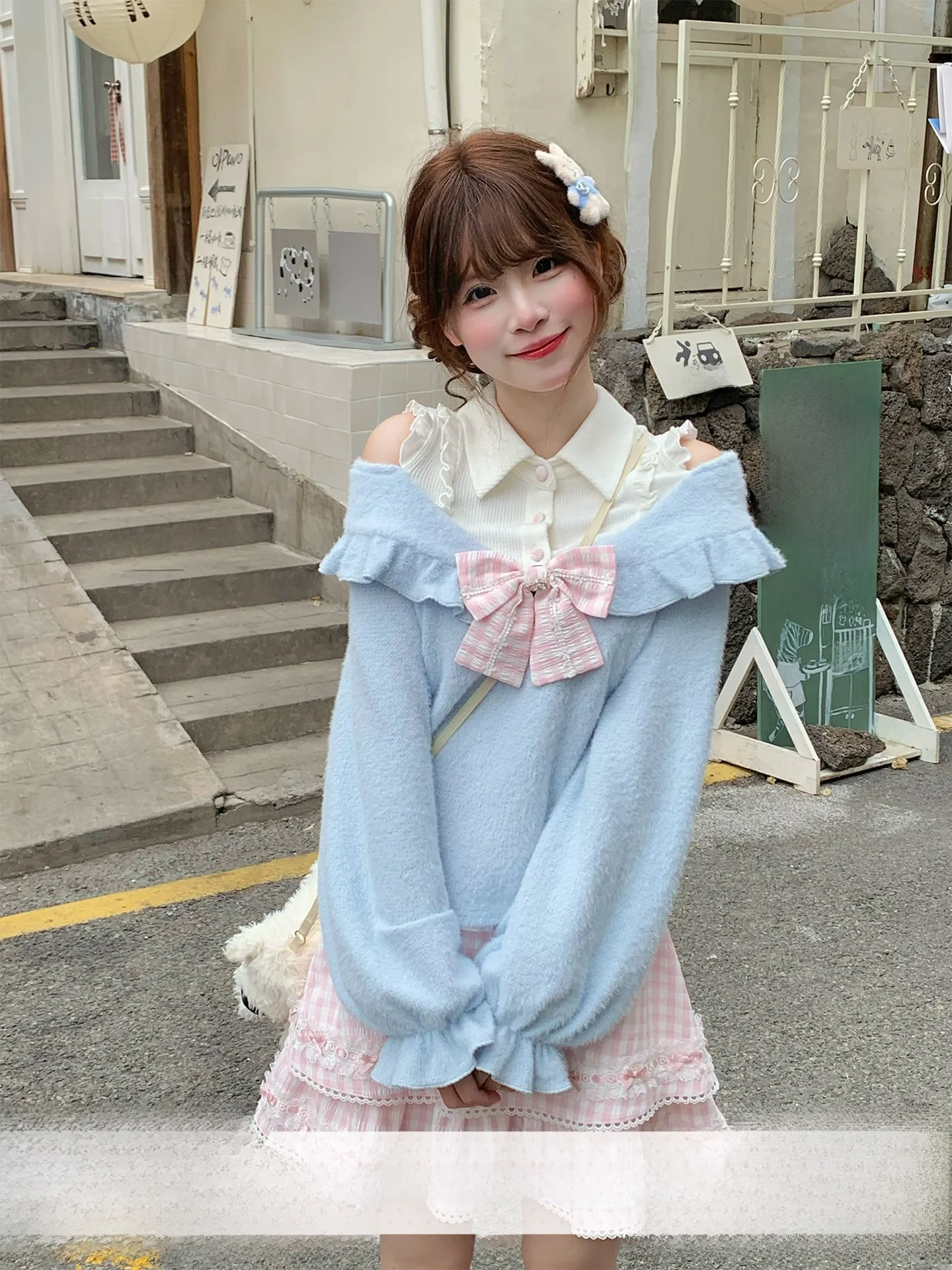 Blue Shoulder-baring Knitted Top And Plaid Skirt Set Sweet Girl Coconut Milk Sugar Candy Autumn Fashion Women's Outfit