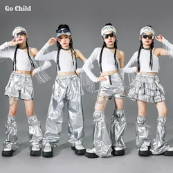 Girls K-pop Tassels Crop Top Street Dance Shorts Kids Hip Hop Jazz Silver Pants Skirts Clothes Sets Children Streetwear Costumes