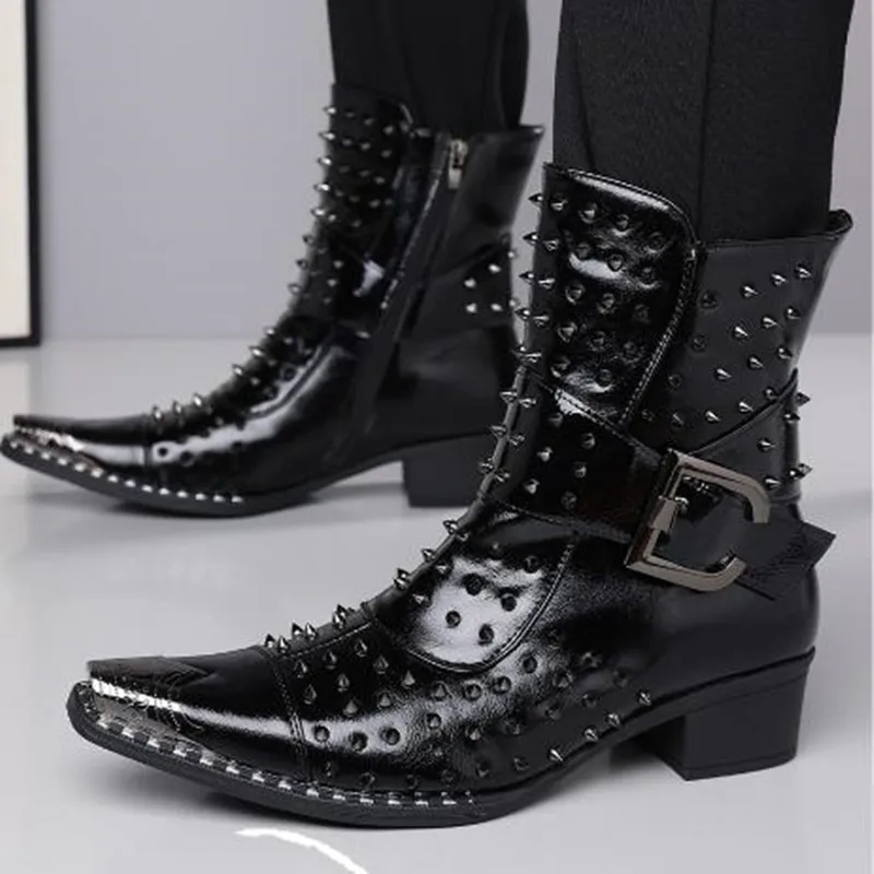 Men Pointed Toe Dark Punk Ankle Boots Studded Chunky Block Heel Side Zipper Plus Size 48 High Top Boots New Western Cowboy Boot