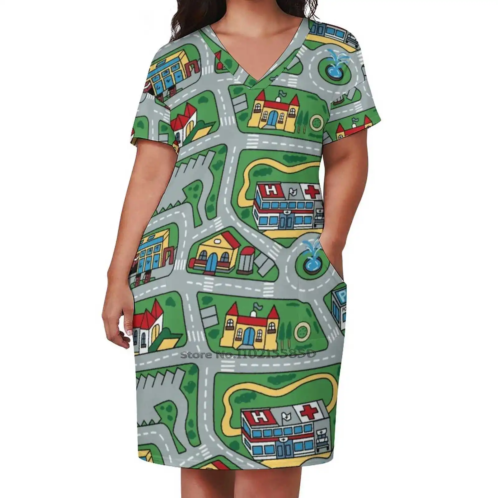 Car City Carpet Road Rug 90S Nostalgic Toy Loose Pocket Dress Print Short Sleeve Dresses V-Neck Dress 5Xl 90S Kids Remember