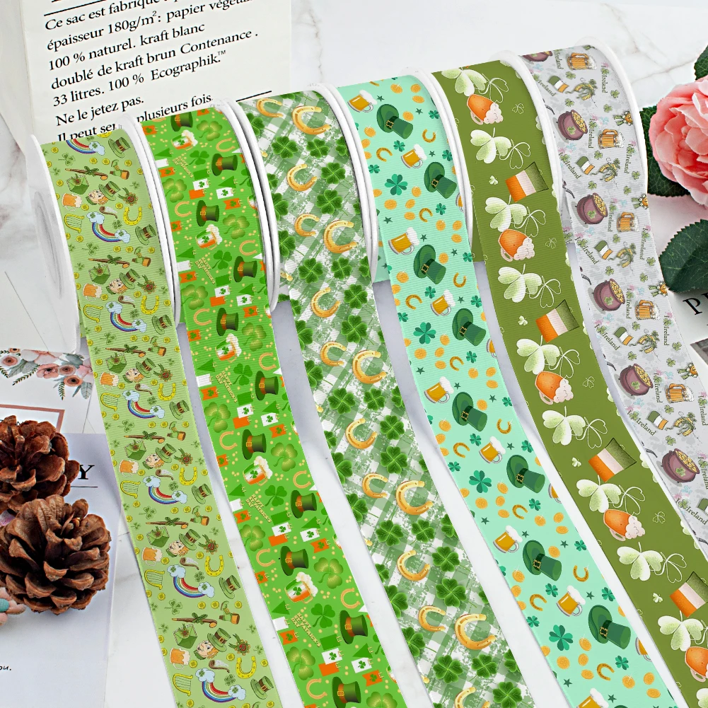 St. Patrick \'s Day Green Designs Printed Grosgrain Satin Ribbon for Gift Wrapping Hair Bow Craft Accessory 50 Yards