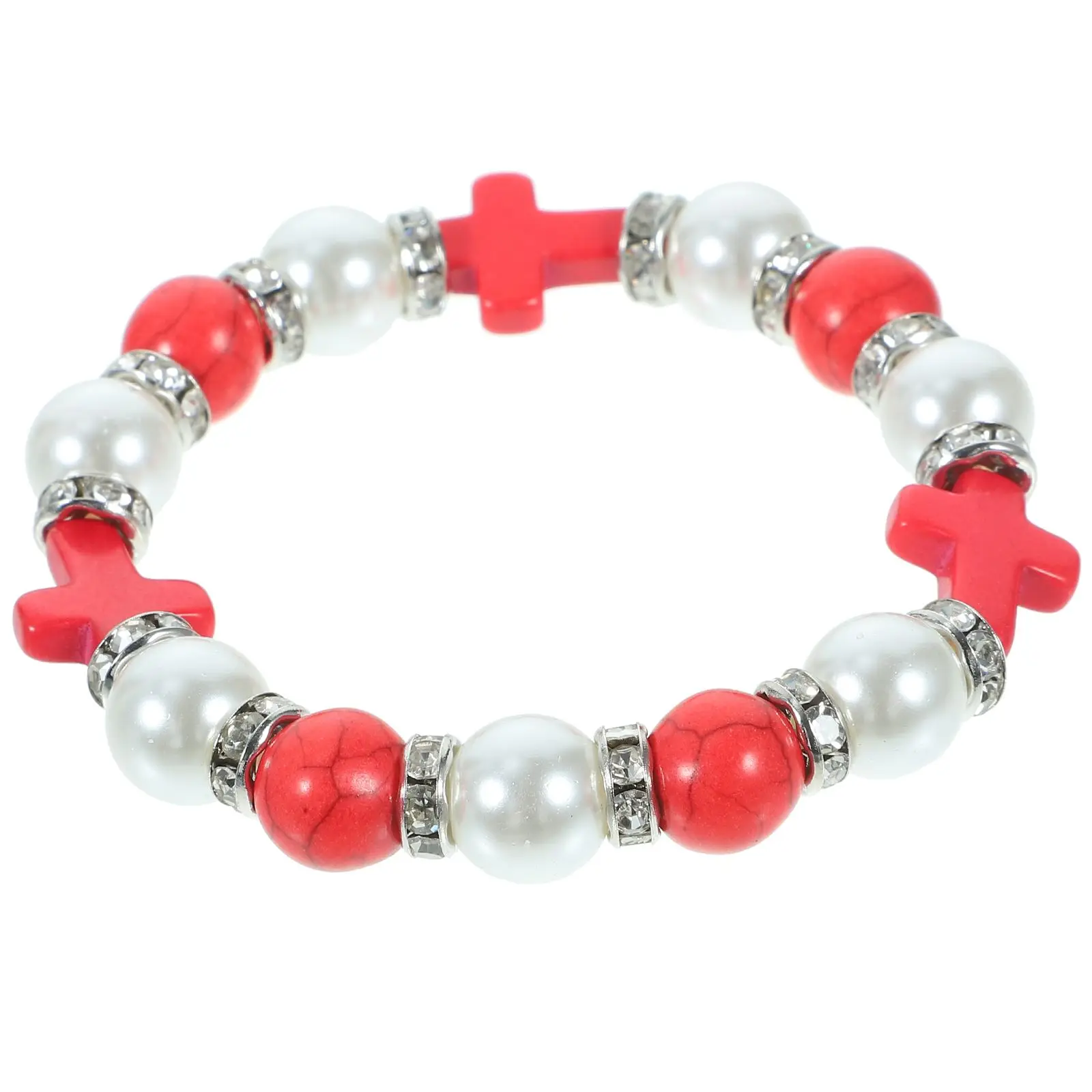 

Pearl Bracelet Religious Beaded Elastic Small Cross Beads Adjustable Stylish Accessories for Women Mens
