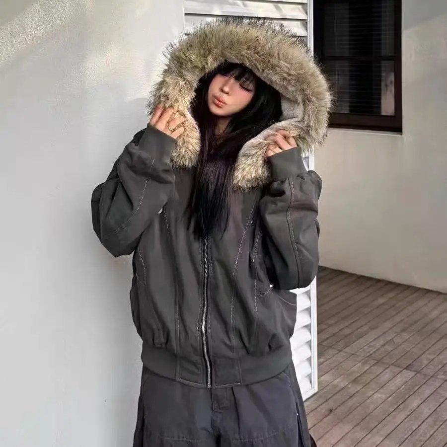 

Jackets High Street Elegant Fur Patchwork Hooded Coat Thicken Korea Zipper Streetwear Loose Y2k Jacket 2025 New Winter Women Top