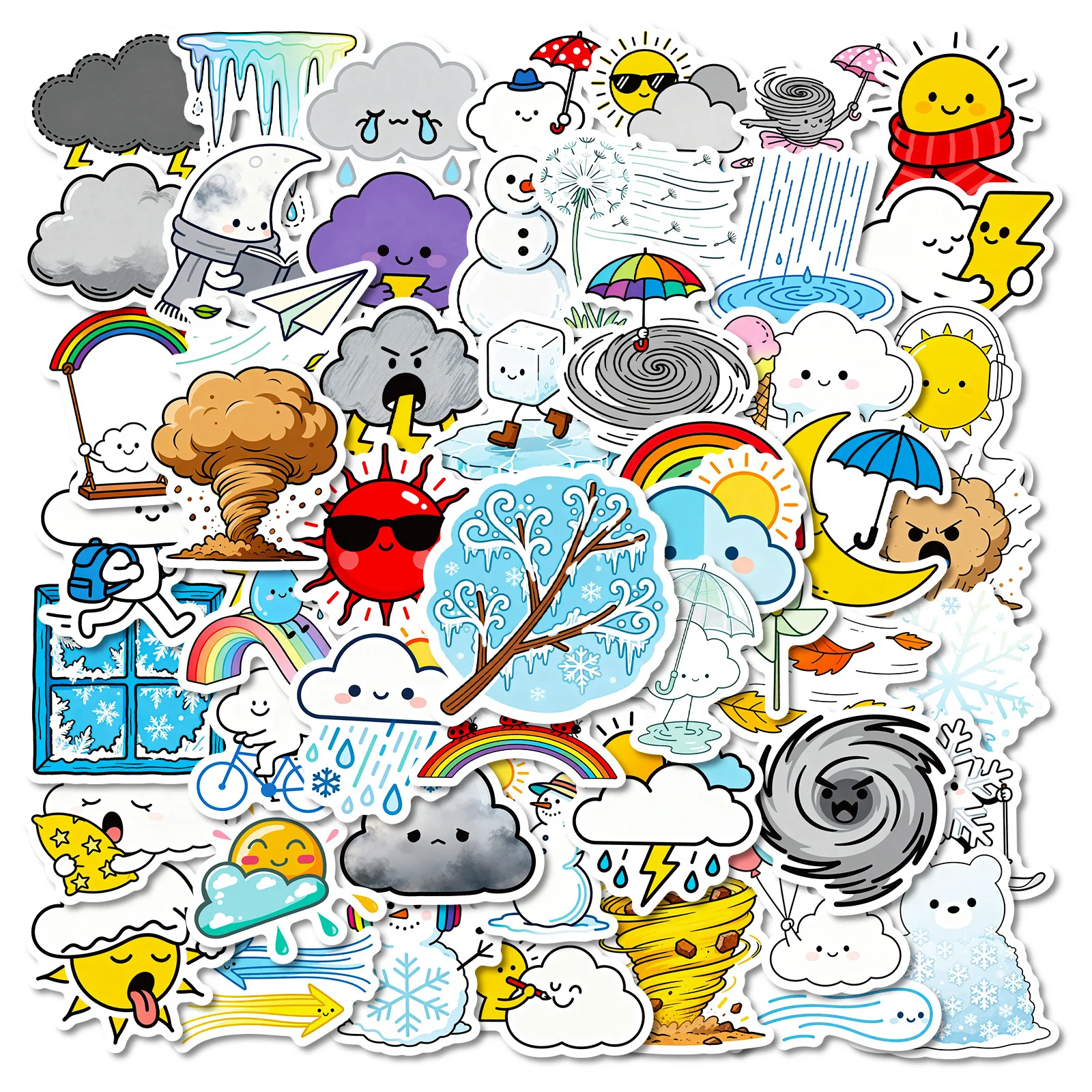 10/56PCS Creativity Cute Weather Stickers Cartoon Sun Clouds Tornado Graffiti Decoration Notebook Mobile Guitar Suitcase Decals