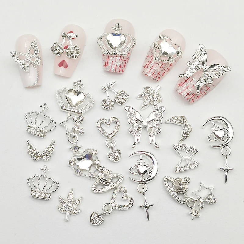 30Pcs Pink Nail Charms Alloy Rhinestones 3D Star Butterfly Heart Cross Gem Nails Crystal Diamond Nail Art Decoration Accessories