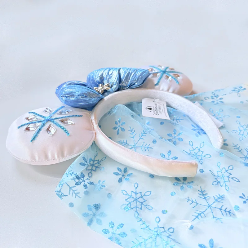 Disney Frozen Elsa Minnie Ears Headband, Blue Bow with Snowflake Tulle Veil, Ideal for Disneyland Trips & Cosplay view 5