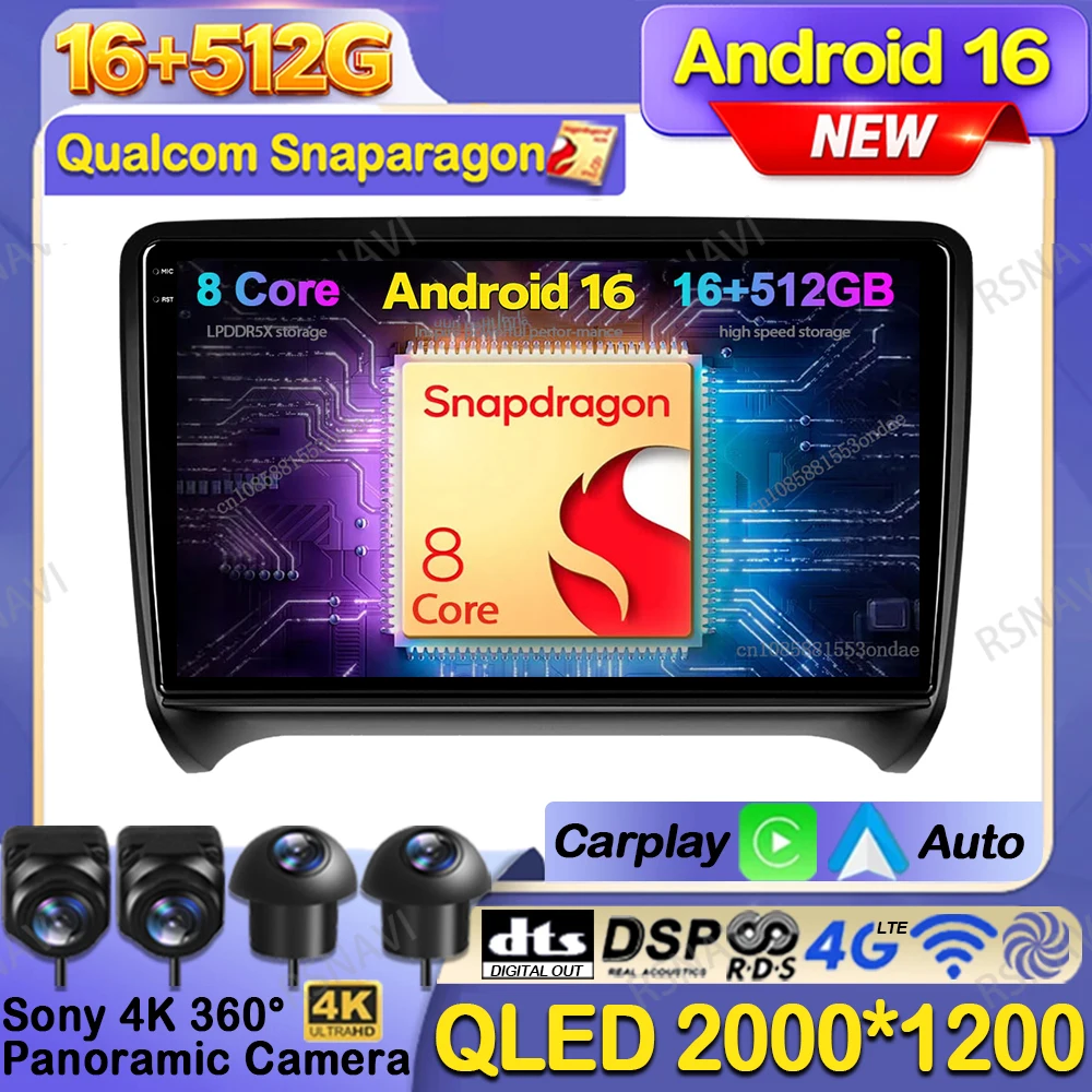 Radio para Auto Android 16 para Audi TT MK2 8J 2006 2007 - 2014 Estéreo 5G WIFI DVD DSP Qualcomm BT Reproductor de Video Inalámbrico Carplay Auto