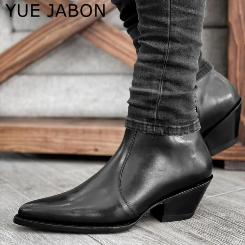 New Black Chelsea Short Boots for Men Genuine Leather Ankle Point Toe Business Zipper Boots Men with 5cm heel high top Shoes