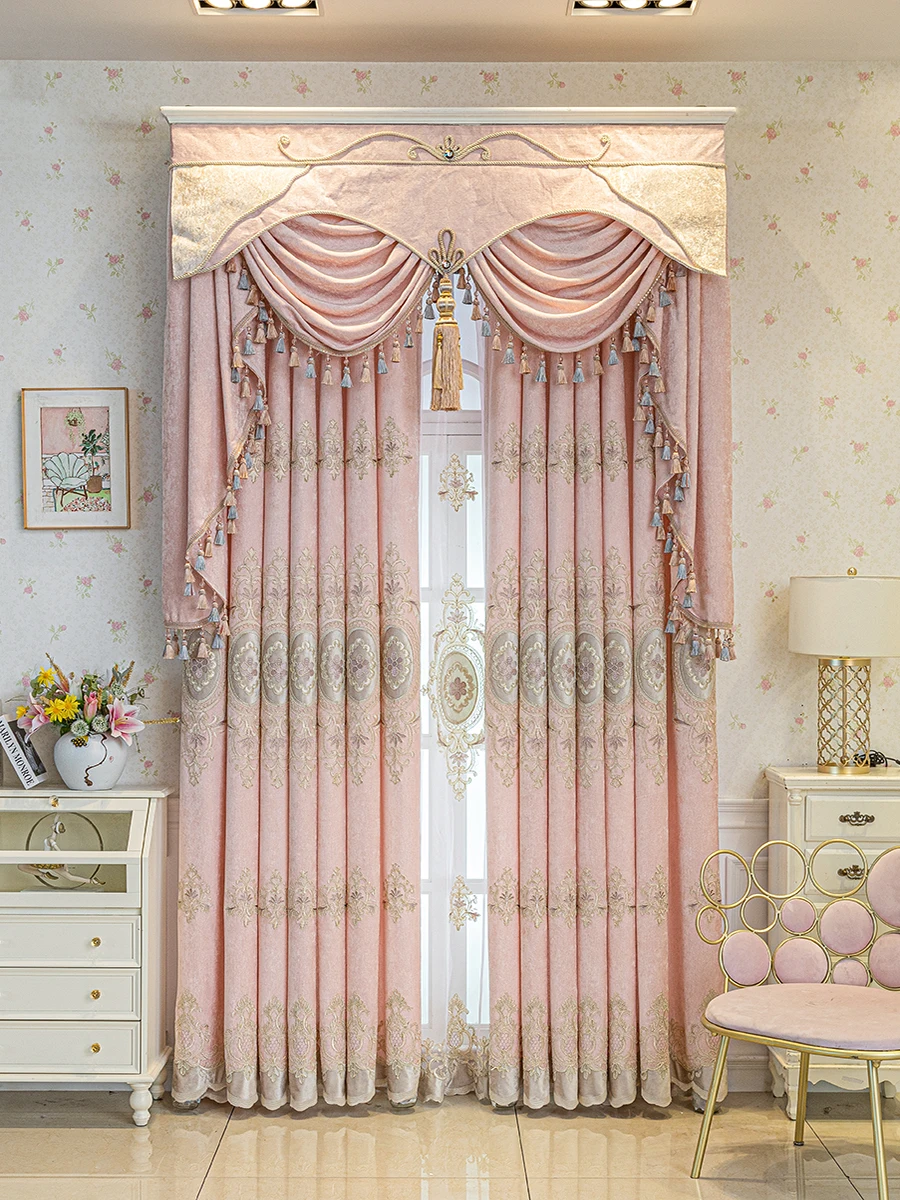 Custom curtain High-end European Chenille pink embroidered girl bedroom shade  cloth blackout curtain tulle valance drape C1524