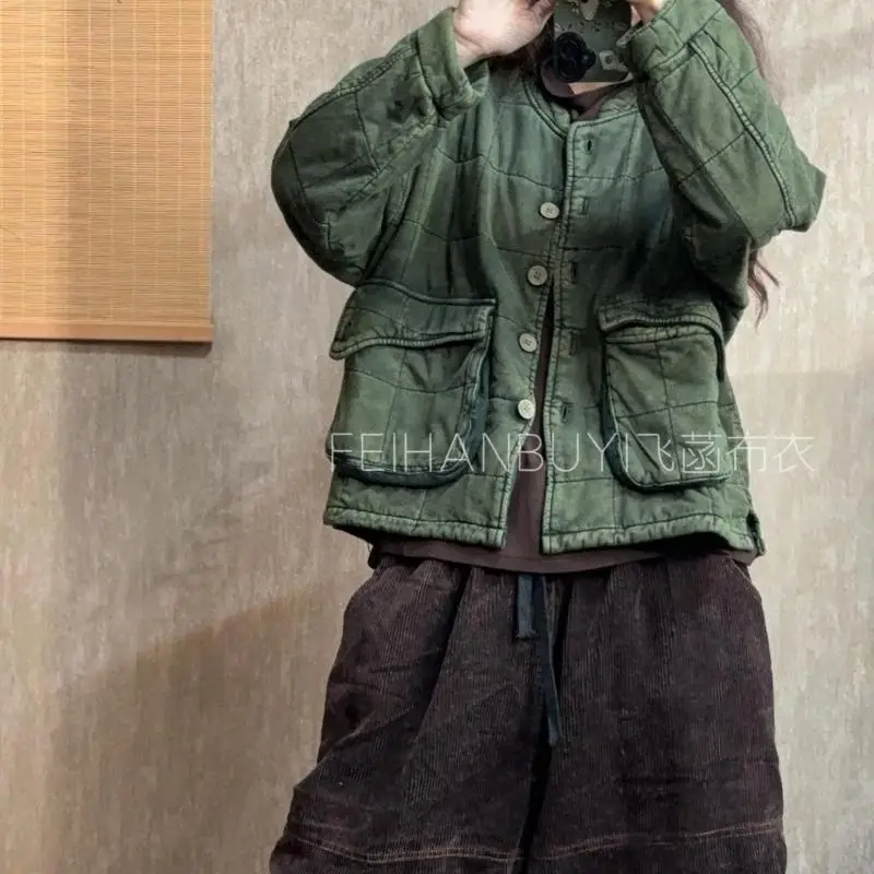 

Осень 2024, женские однобортные винтажные куртки с длинным рукавом в художественном стиле, утепленные свободные пальто с двойными карманами, высокое качество