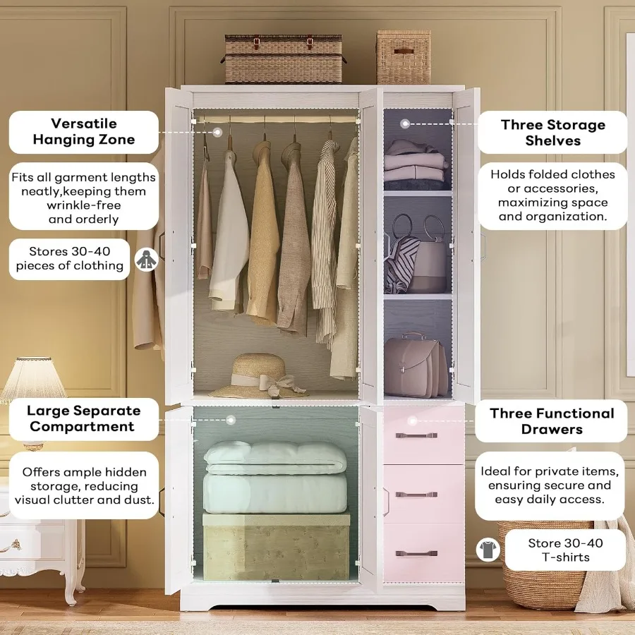 Large-capacity deep armoire with 5 cabinet doors and 3 drawers designed for bedroom storage featuring a hanging rod 3 side hook