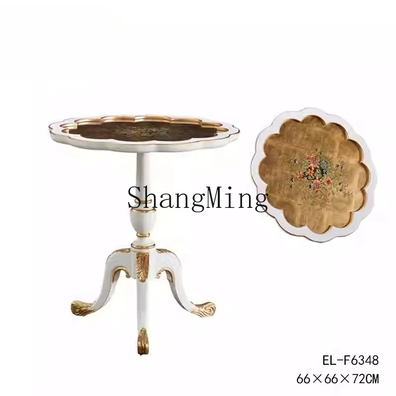 

HJ new modern exquisite hand-painted solid wood corner table white wavy edge sticker gold foil round coffee table