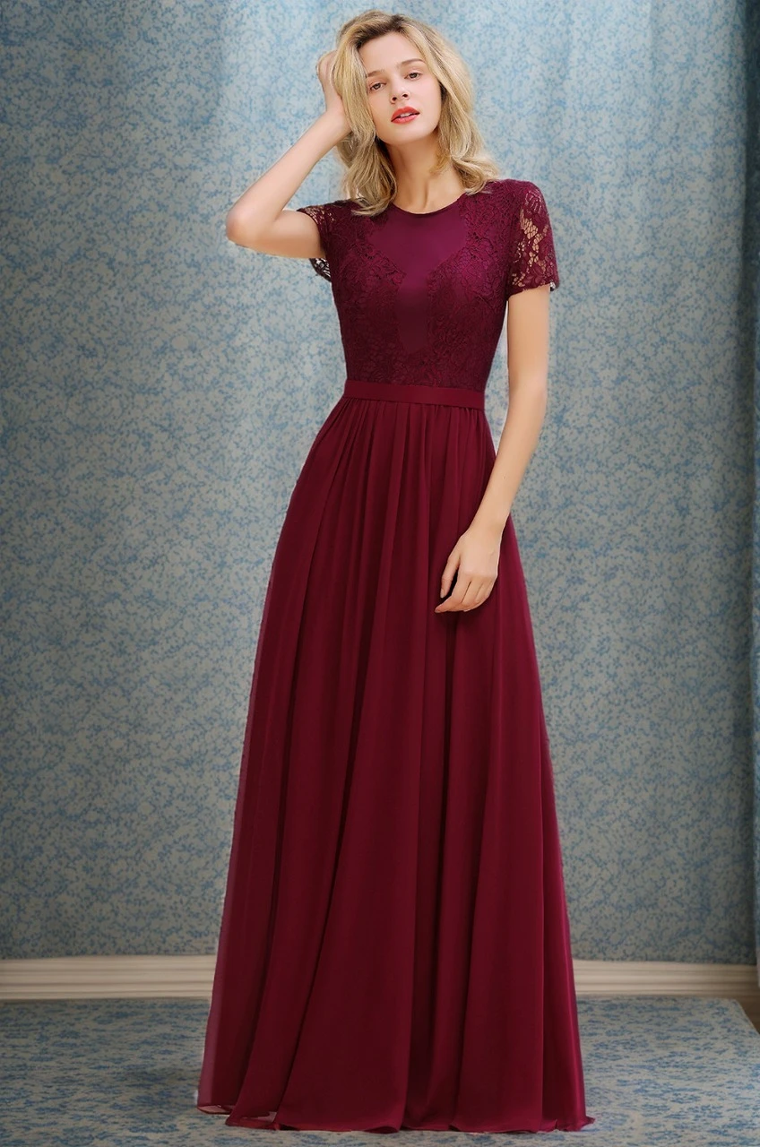

A-Line Empire Bridesmaid Dresses Cutout Lace Short Sleeve O-Neck Evening Dress Chiffon Pleated Floor-Length Formal Party Vestido