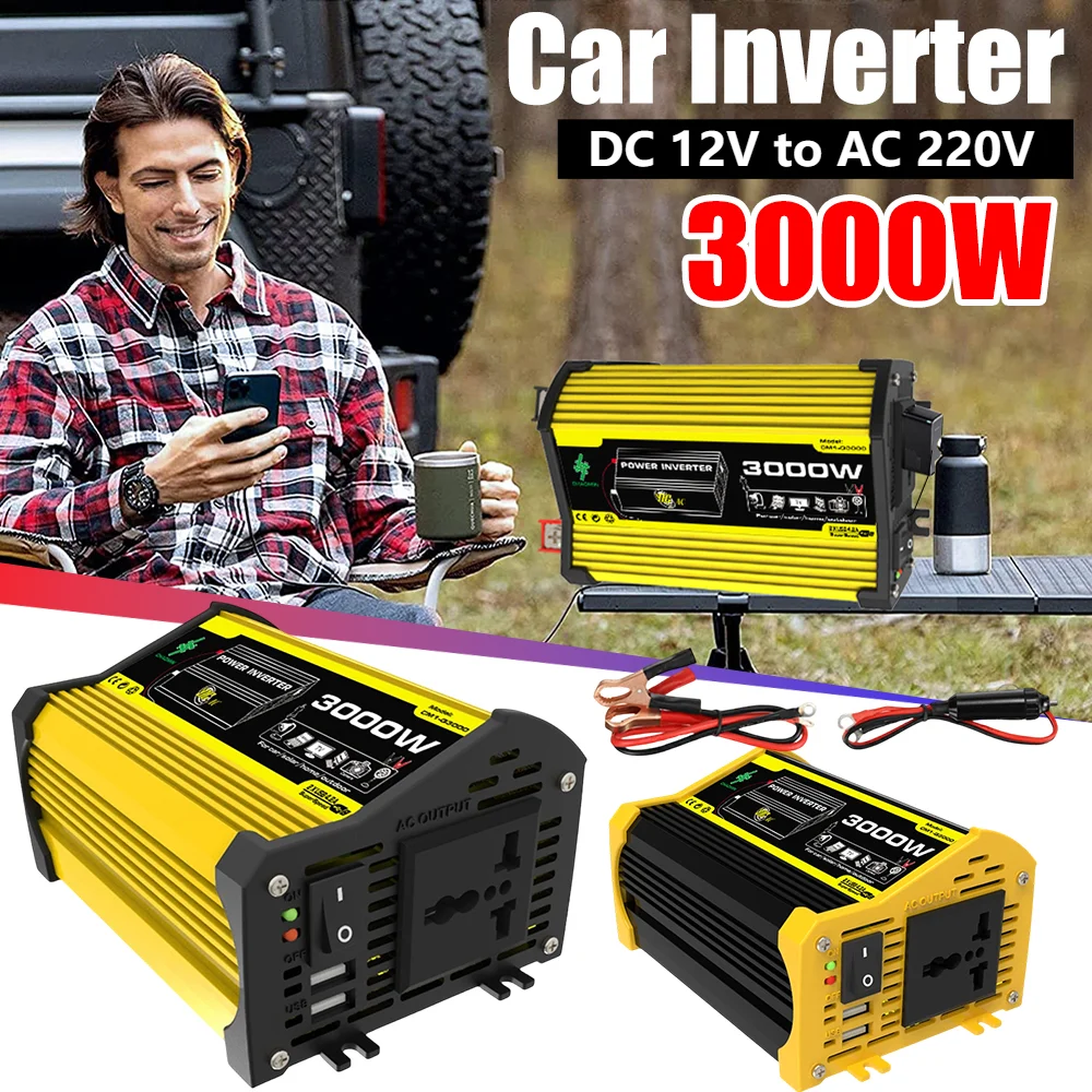

Интеллектуальный автомобильный инвертор мощностью 3000 Вт, преобразователь напряжения DC 12В в AC 220В с двумя USB-портами, портативный инвертор для планшетов и автодомов