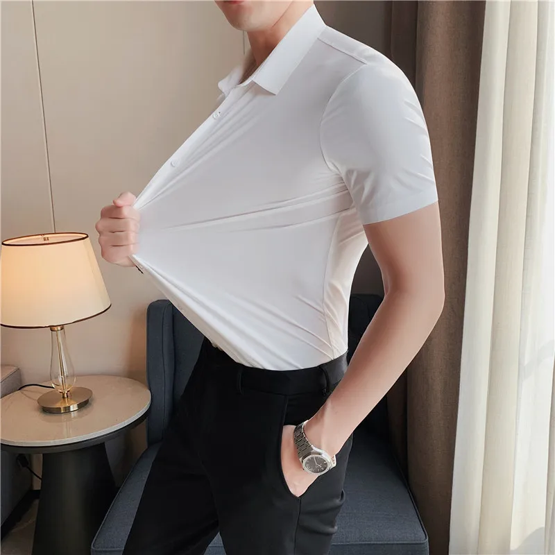 New High Stretch Anti-Wrinkle Men\'s Shirts Short Sleeves Dress Shirts For Men Slim Fit Social Business Blouse White Shirt S-4XL