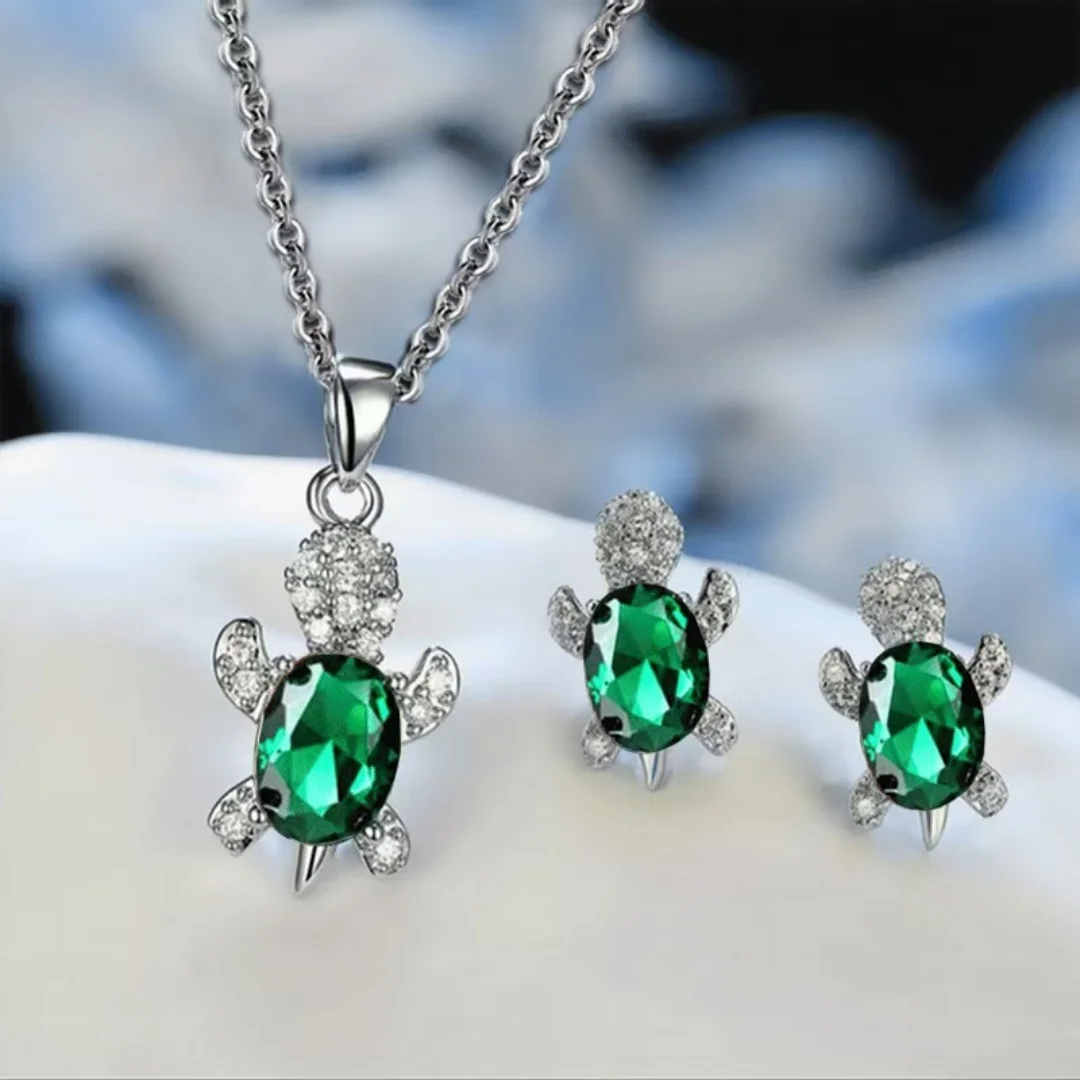 3pcs Necklace Earrings Set Ladies Light Luxury Fashion Style Turtle Shape With Multi Color Glass Diamond