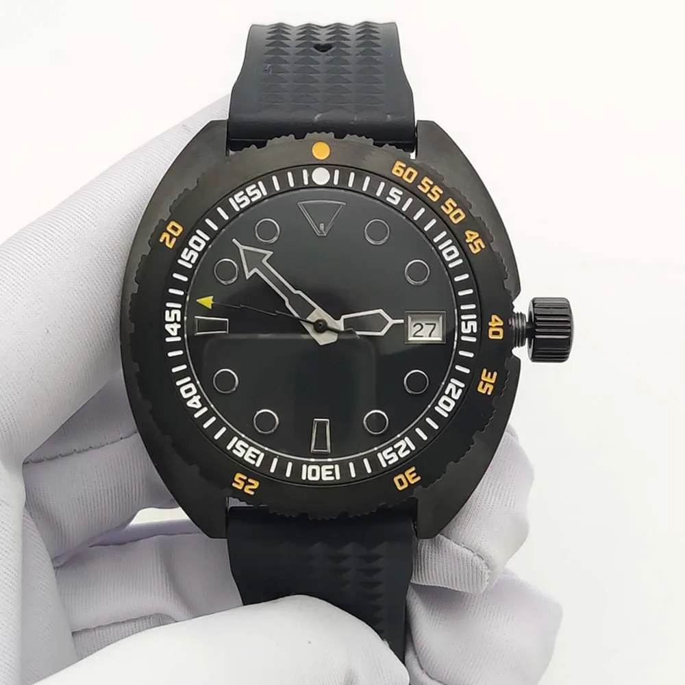 All black men's Japan NH35 automatic mechanical watch with one way rotating bezel, waterproof, sapphire glass
