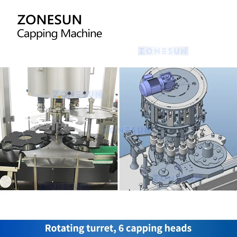 ZONESUN สกรูอัตโนมัติบนเครื่อง Capping ป้อมปืนโรตารี่ความเร็วสูง Star ล้อขวด Jars Unscrambler ZS-XGFX-6G