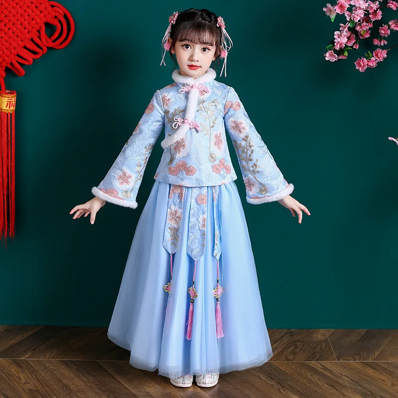 Red Girls Winter New Quilted Children's Hanfu Dress Lovely Girl Children Princess  Costume Dress Chinese New Years Clothes