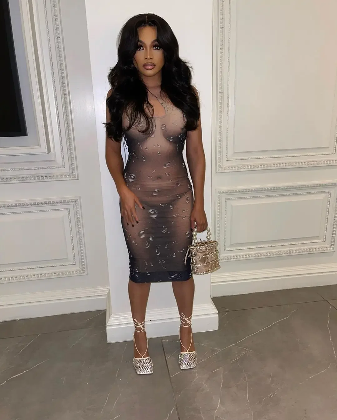 Designer Performance Outfit Long Sleeve Water-Media Net Diamond-Heated Sexy High-Elastic Birthday Dance Party Gown
