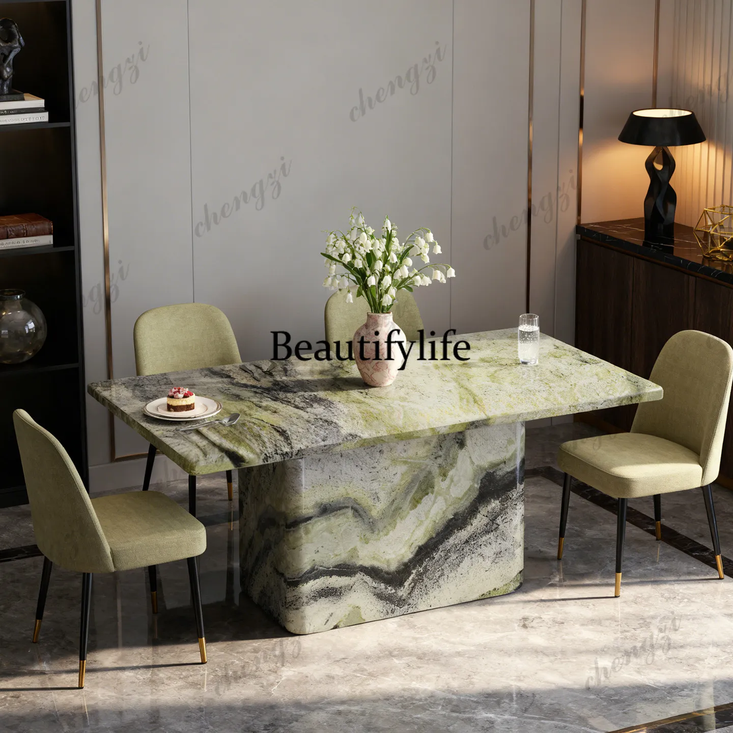 P37 Italian light luxury rectangular dining table natural marble villa model room dining table