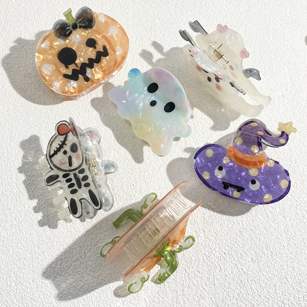 

AENSOA Happy Demon Pumpkin Witch Hat Bandage Man Pattern Claw Clip Creative Cartoon Acrylic Interesting Hair Accessories Design