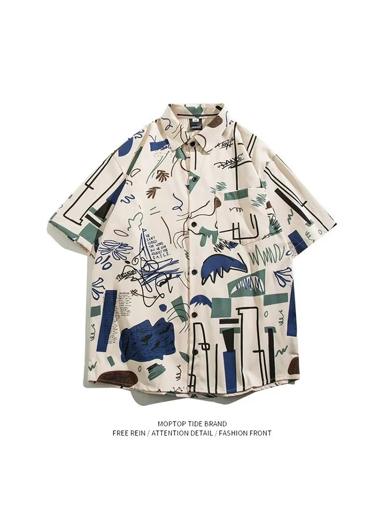 

Mr. WH Summer 2024 Short Sleeve Printed Shirt Loose Fit Trendy Korean Style Polyester Fiber Student Fashion Youth Shirt