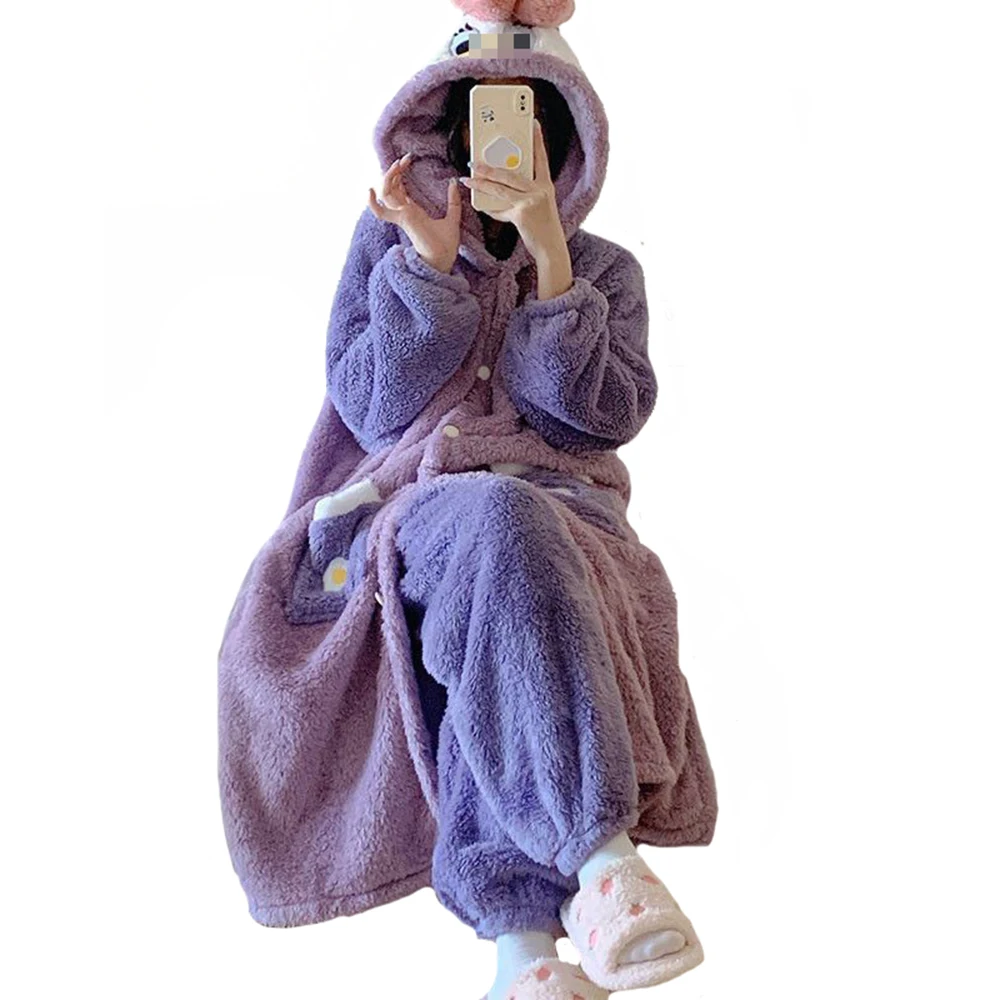 Autumn Winter Kawaii Cartoon Pajama Sets Women Pyjamas Cosplay Anime Nightgowns Flannel Long Robes Thick Coral Fleece Nightdress