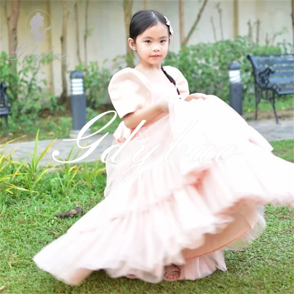 

Applique Classic Princess First Communion Dress Square Neck Short Puff Sleeve Long Ball Floor Length Flower Girl Gown Customized