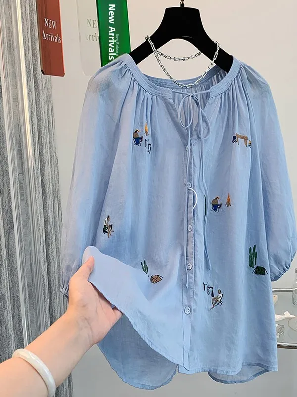 

Korean Sle Heavyweight Cartoon Embroidered Loose ort Sve Women's Summer High End Flax Doll irt Beautiful Top Small S...