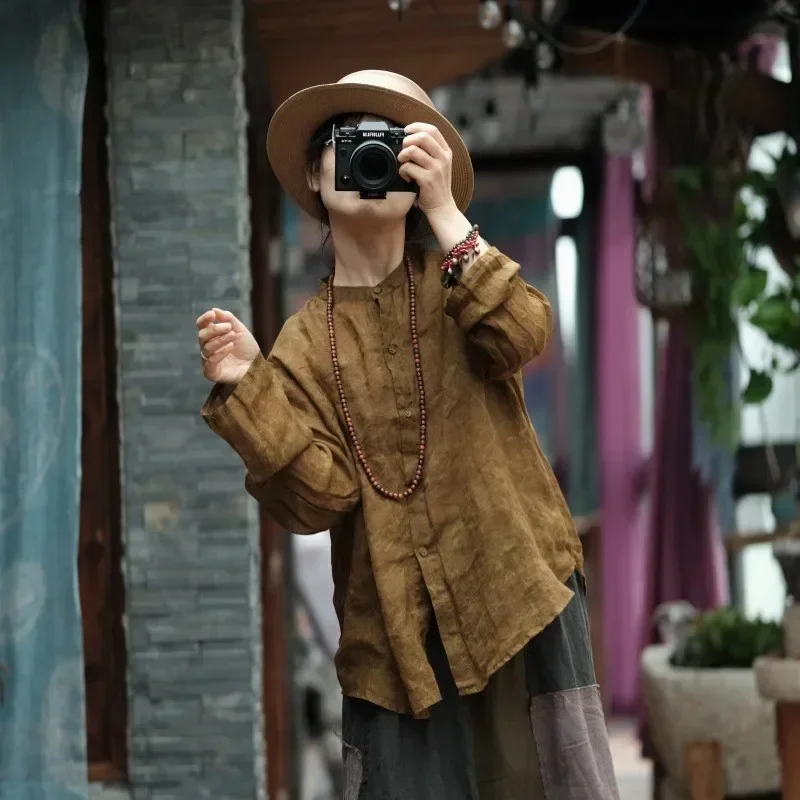 2024 Spring And Summer Woman New  Vintage Loose Linen Shirt Single Breasted O-Neck Solid Color Long Sleeve Shirt