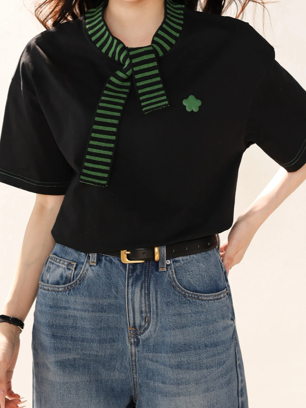 New Summer Women's Color Block Striped Lace-up Four-Leaf Clover Embroidered T-Shirt Loose Casual Short Sleeve Top Daily Wear