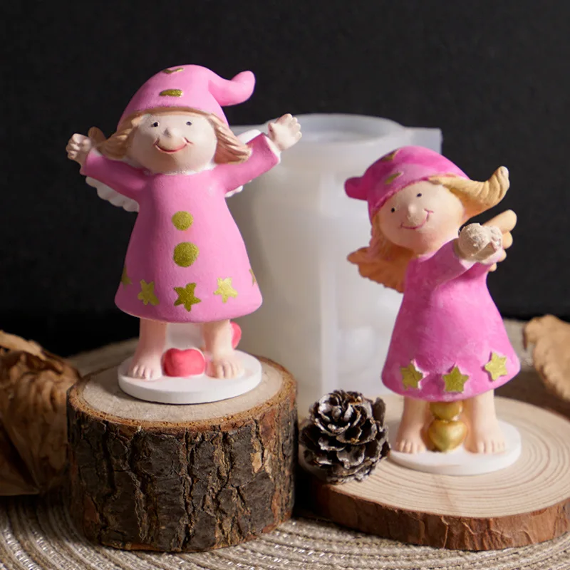 Molde de Ángel de jardín 3D, sombrero mágico, estatuilla de yeso para niña pequeña, vela de Hada, molde de silicona