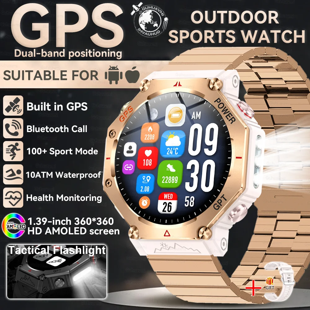 2026 Nieuwe Ingebouwde GPS Outdoor Smartwatch Heren Zaklamp Kompas BT-oproep Hartslagmeter 10ATM Waterdicht Sport Smartwatch 2026