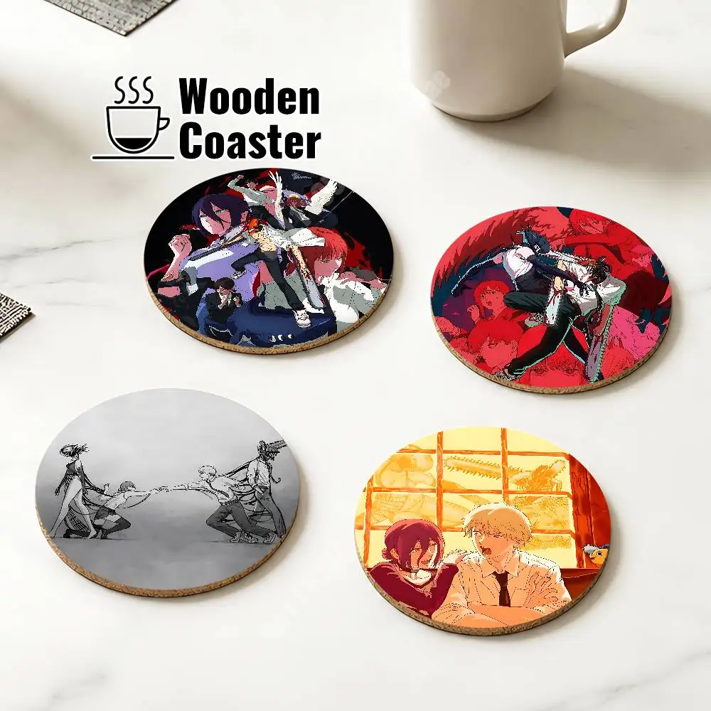 C-Chainsaw M-Man Movie Reze Wooden Cup Mat Americano Beer Milk Water Coaster for Baking Studio