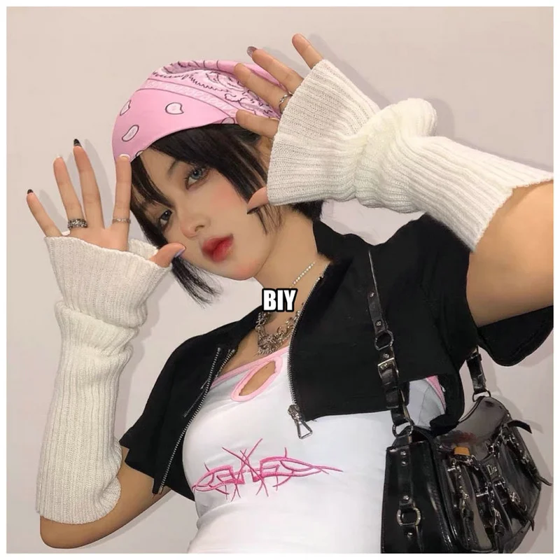 Women Winter Autumn Christmas Cashmere Blend Knitted Long Gloves Solid Color Fashion Lolita JK Girls Warm for Lady Elbow Mittens