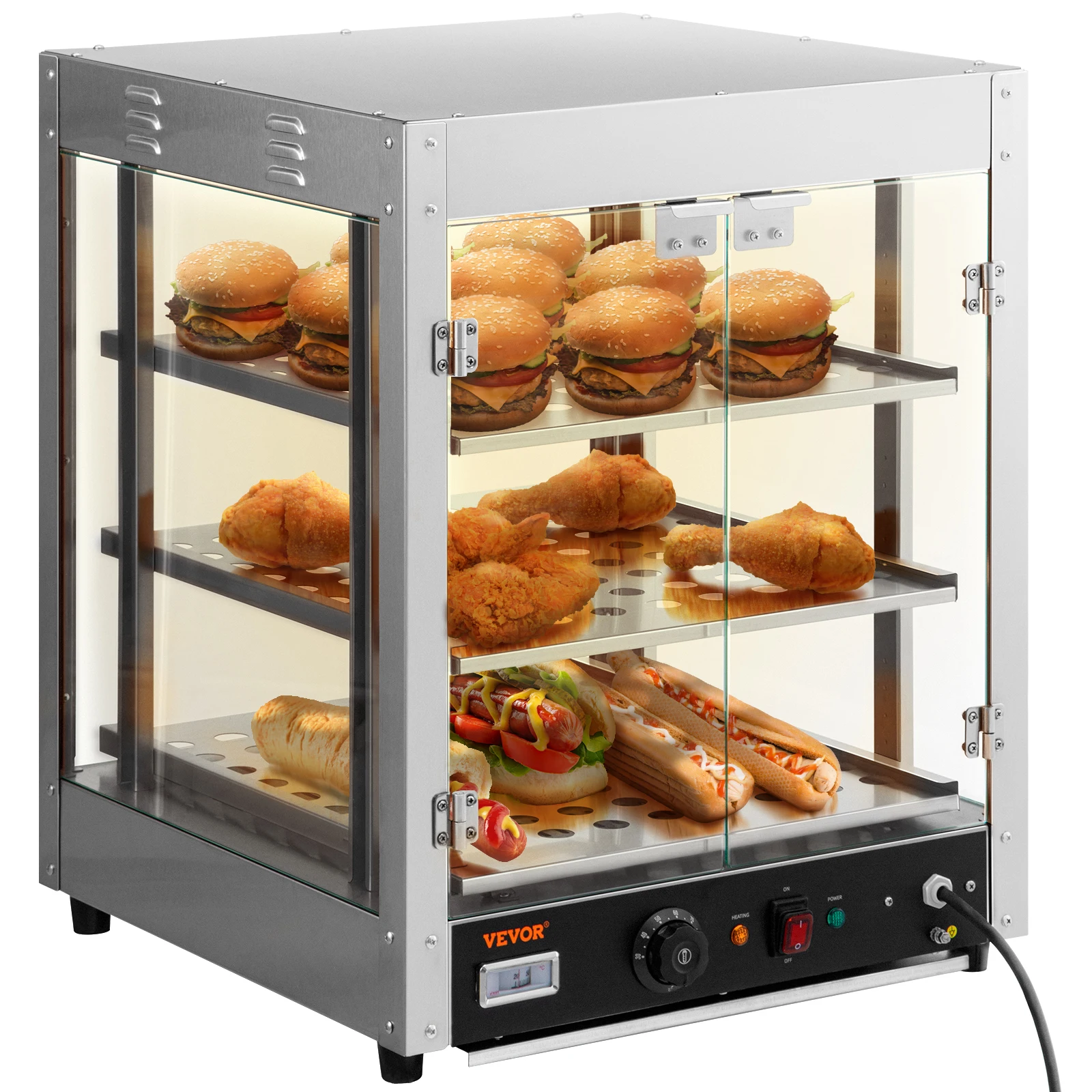 SucceBuy 2/3 Tiers Countertop Food Warmer Commercial 3D Heating Pizza Pastry Warmer with Temp Knob Display Kitchen Appliance
