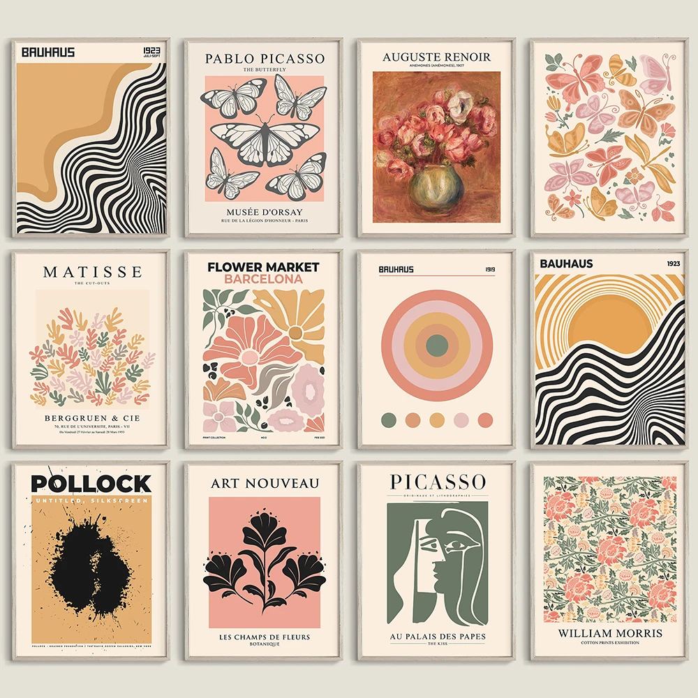 مجموعة المعرض خمر مكونة من 12 مطبوعة جدار الفن زهرة السوق ماتيس باوهاوس المشارك مجردة قماش اللوحة الشمال ديكور المنزل