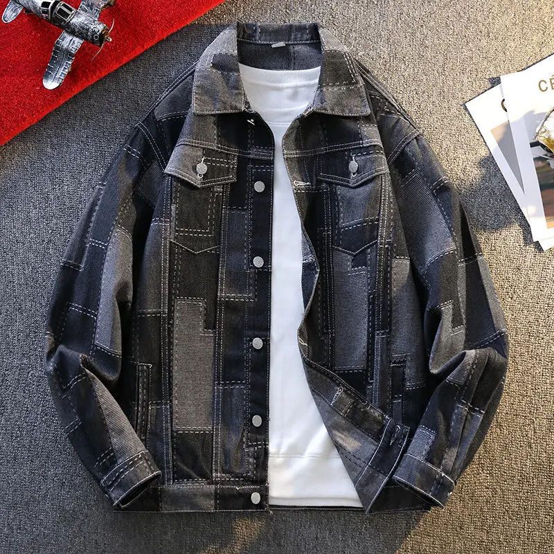 

2025 spring Men's Slim Fashion denim Jacket Loose Turn Down Collar Coat Grid pattern jackets Outerwear male Streetwear M-3XL