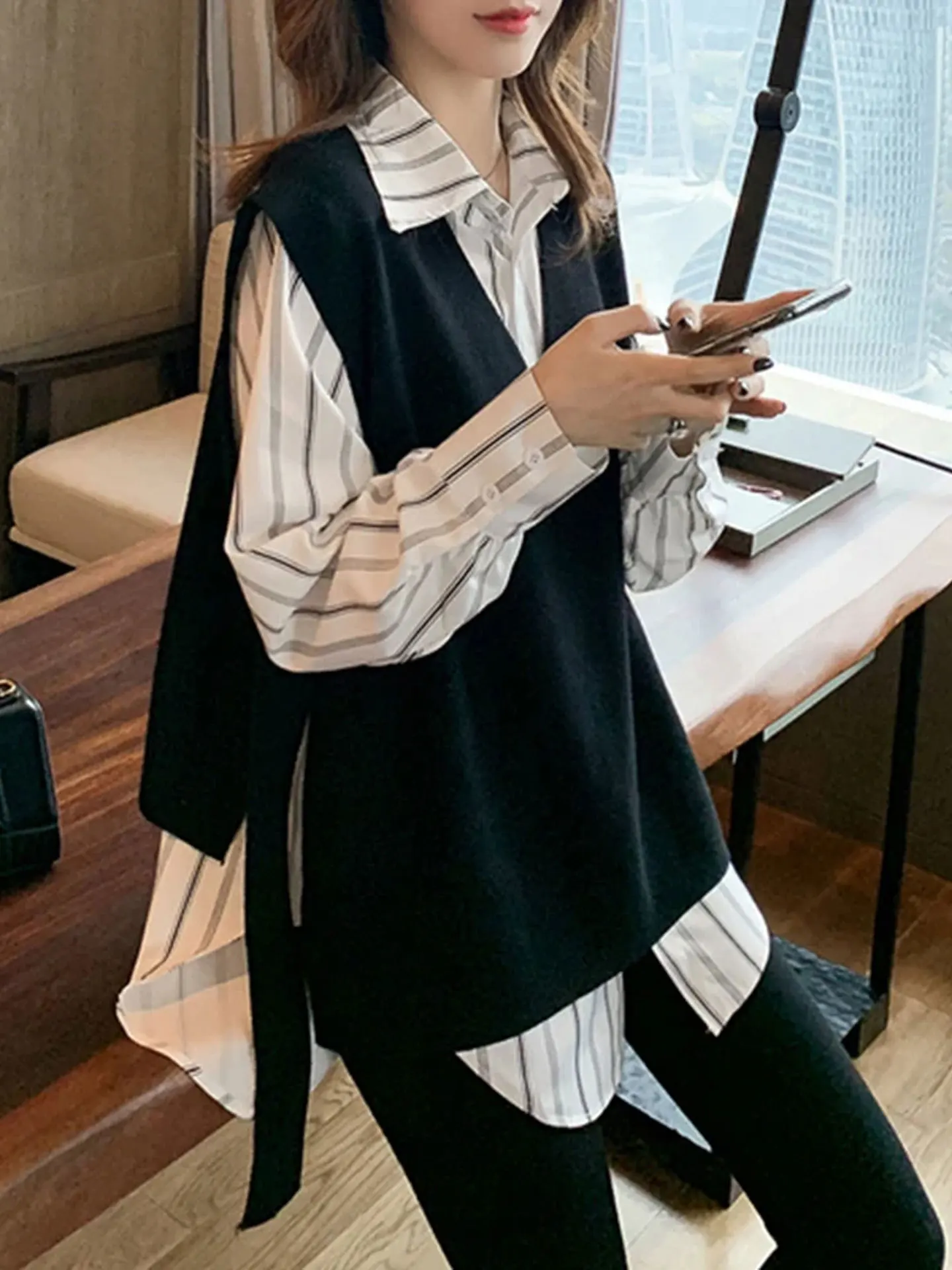 Conjunto de Camisa de Punto de Manga Larga a Rayas y Chaleco Casual para Mujer, Corte Holgado, Estilo Cómodo y Casual, Conjun...
