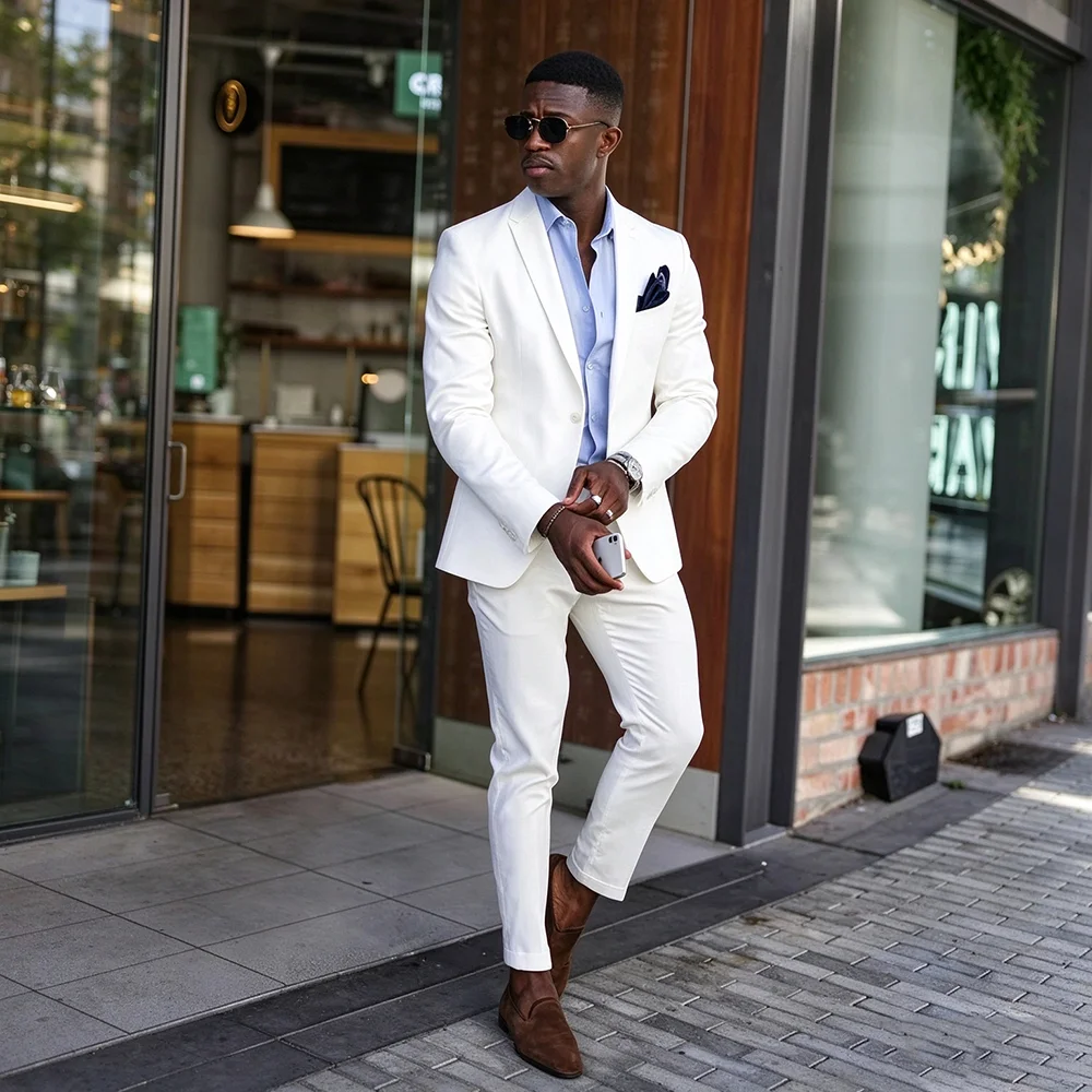 White 2 Piece Men Suits Slim Fit Groom Tuxedo Business Formal Prom Best Man Wedding Party Suit Costume Homme Jacket + Pant