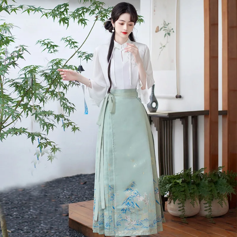 

YOUDEYISI Hanfu Diagonal Placket Embroidered Aircraft Sleeve Lotus Leaf Sleeve Shirt One-piece Gold-woven Makeup Horse Dress