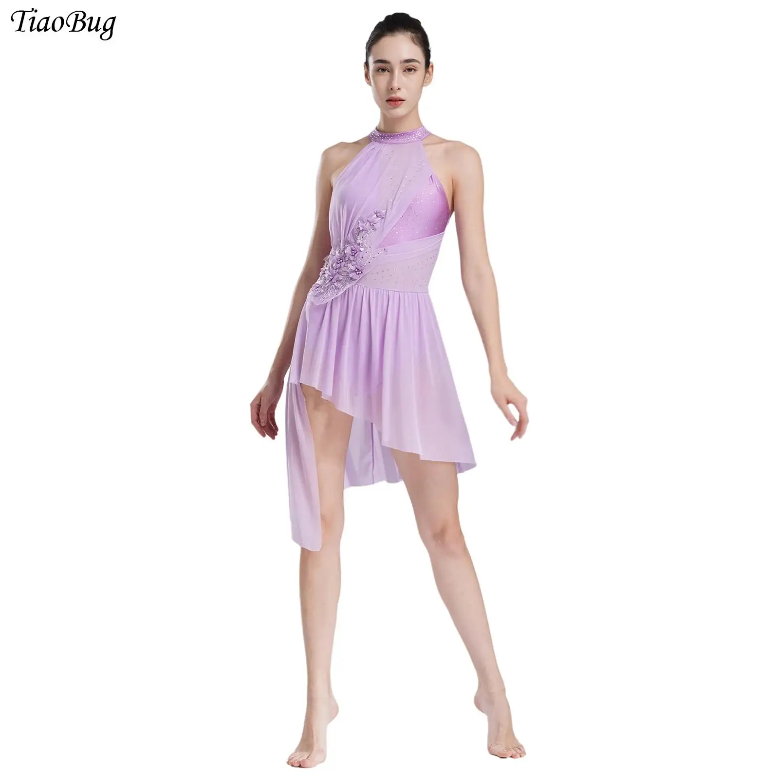 

Womens Figure Skating Dress Contemporary Ballet Leotard Lyrical Dress Sleeveless Rhinestones Ruched Asymmetrical Hem Dance Dress