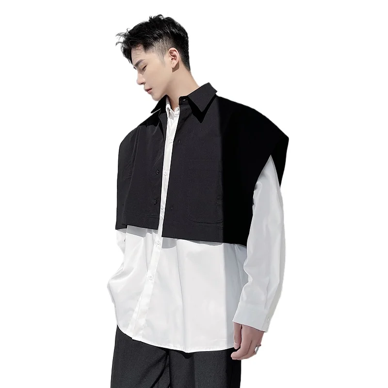 

Men Wide Shoulder Sleeveless Loose Casual Short Style Shirt Male Japan Korea Streetwear Fashion Show ShirtYY214
