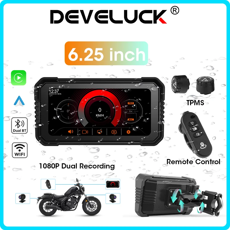 

6,25-дюймовый мотоциклетный портативный навигационный GPS беспроводной Apple Carplay Android Auto IPX7 водонепроницаемый TPMS BT сенсорный экран