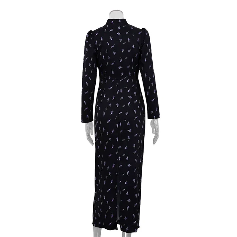 Fmxires Elegantes Print Langarmkleid für Frauen Stehkragen Schnürung Hohe Taille Schlitz Pendeln Maxikleid Lady Splice Cut Out