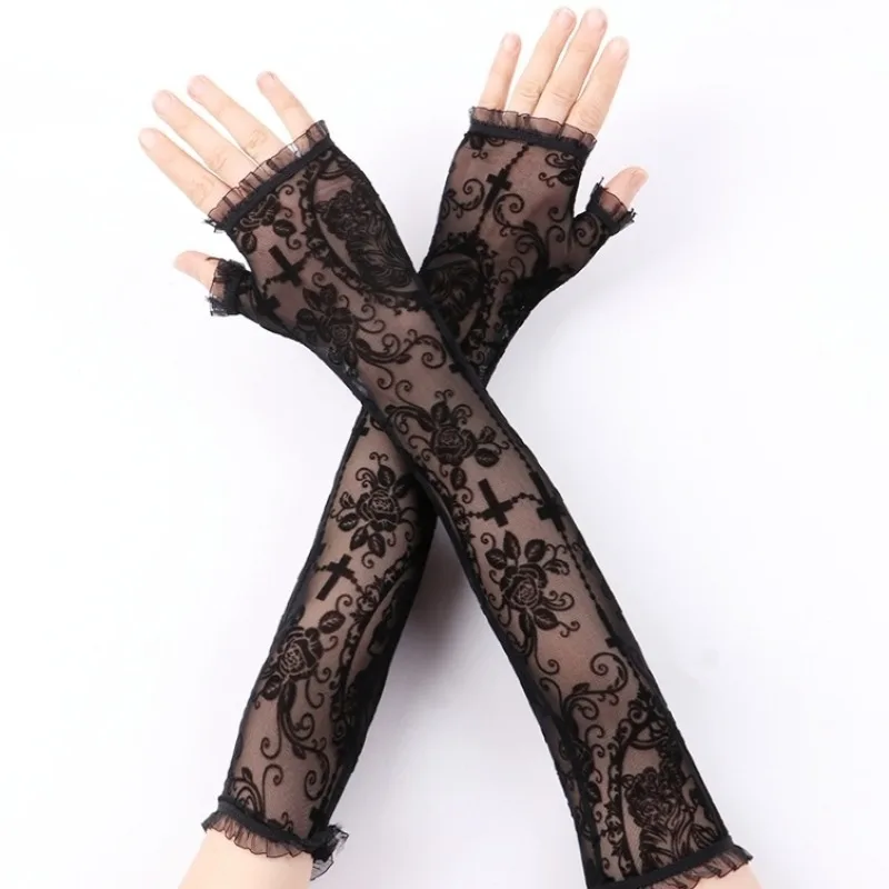

Sexy lace long gloves cosplay dark skeleton cross stage performance Halloween mesh gloves