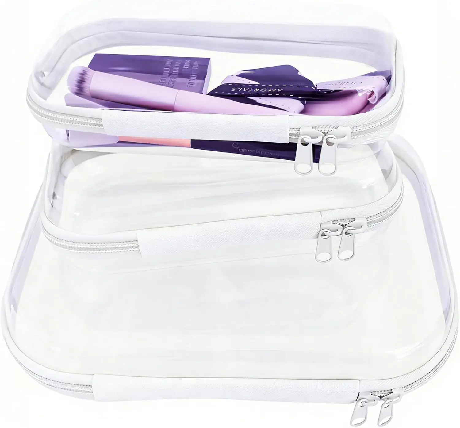

3 Pack Clear Hard Zipper Cases for Travel Toiletries, Transparent Plastic Organizer Pouches, Portable Storage Bins (White)