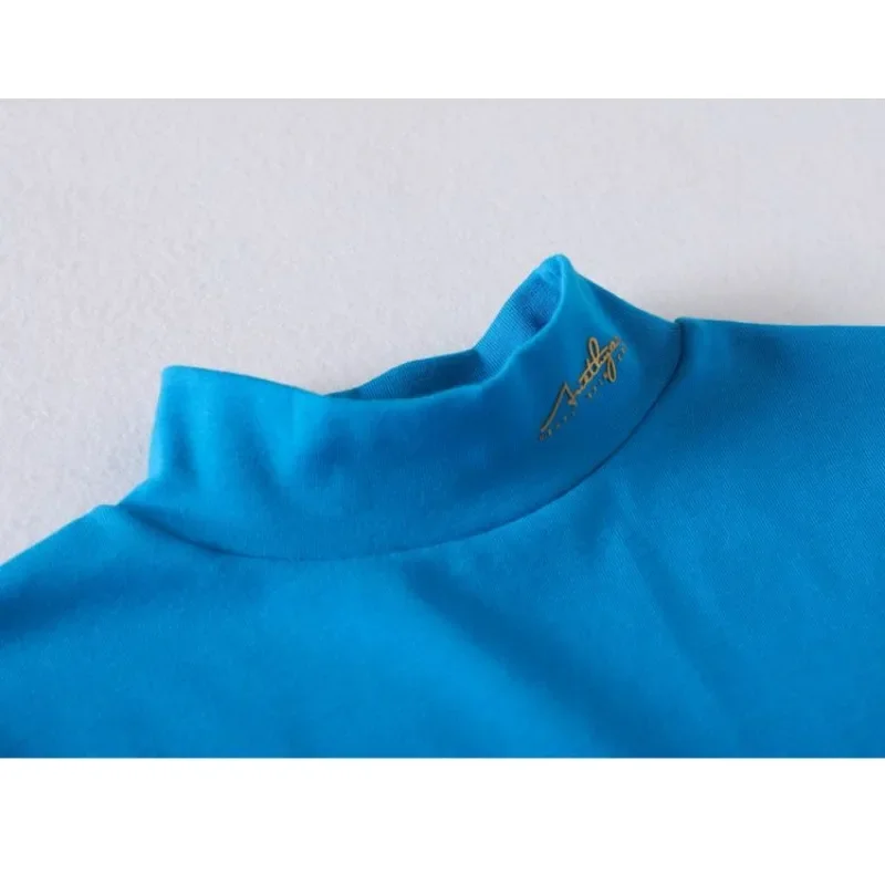 2024 New Half High Collar Pure Cotton Bottomed Shirt Women Autumn Winter Solid Color Top Long Sleeved T-shirt Slimming Trend Tee